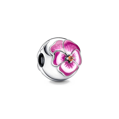 New 2023 Fashion Pink Pansy Flower Pendant Bead 925 Sterling Silver